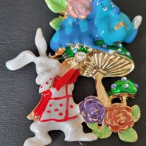Beautiful Alice In Wounderland Enamel Brooch with Rabbit and Mushroom Design